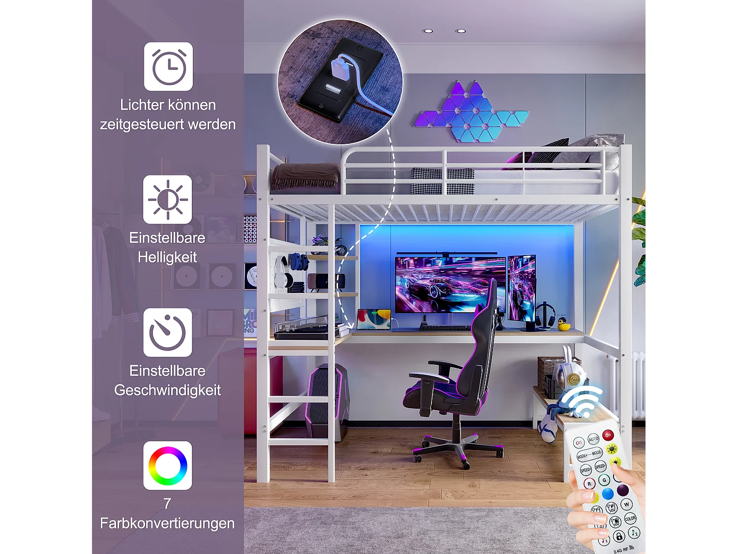 Soppalco illuminato 90x200 cm in metallo con scrivania rangements LED USB Type-C échelle blanc