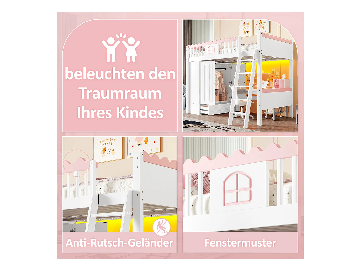 Cama infantil mezanino de madeira 90x200 com gaveta de armazenamento LED guarda-roupa branco