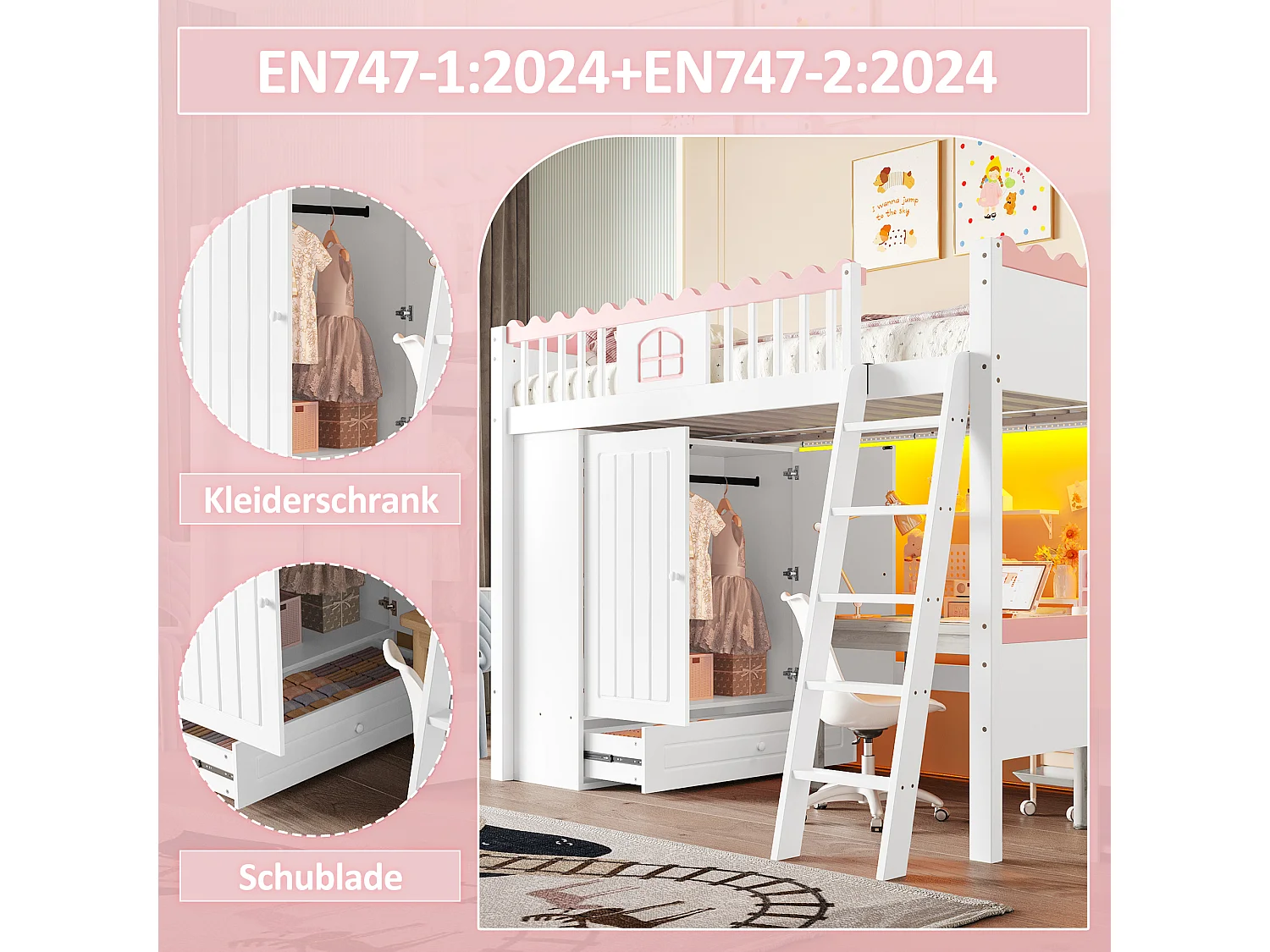 Cama infantil mezanino de madeira 90x200 com gaveta de armazenamento LED guarda-roupa branco