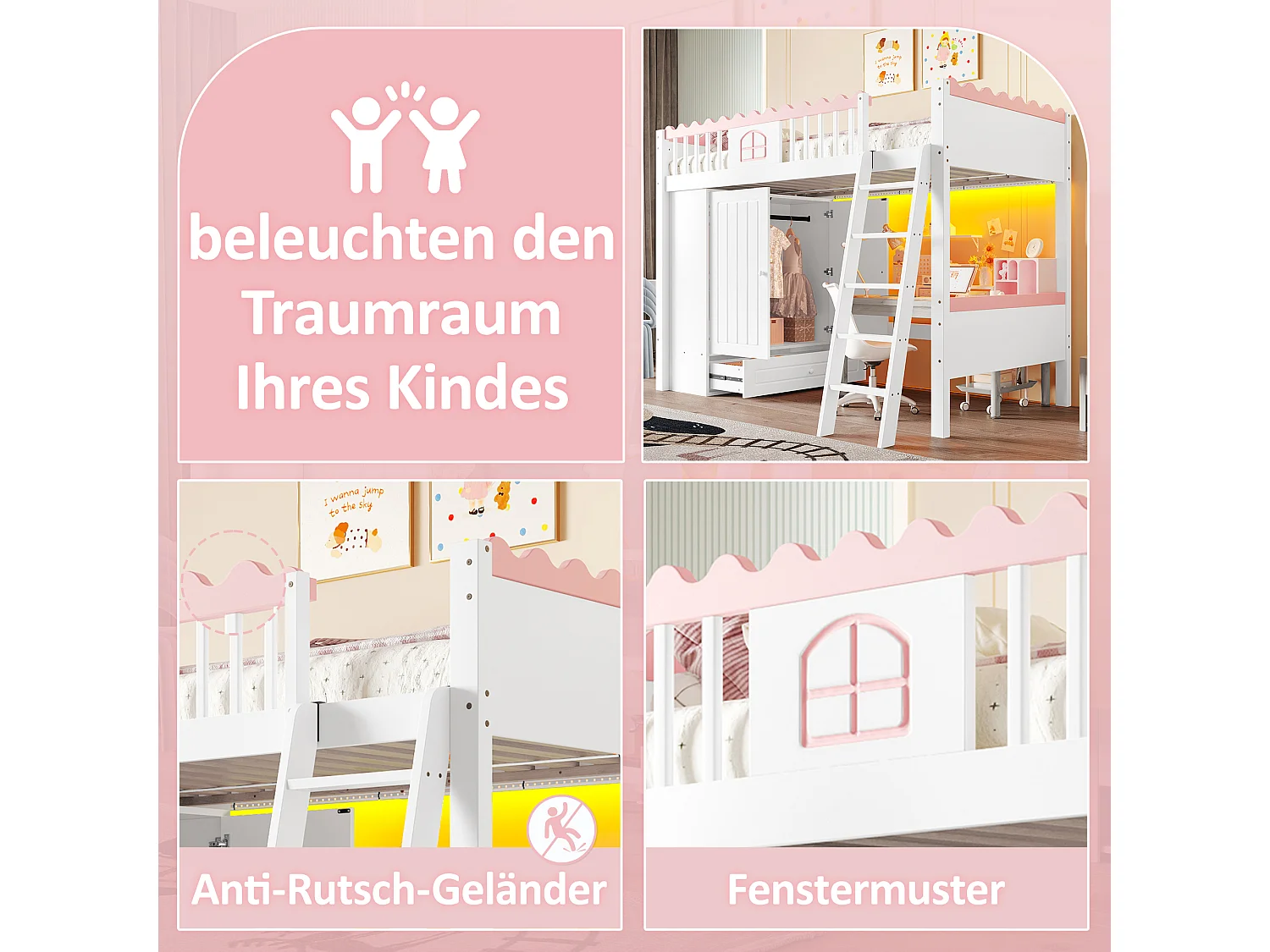 Cama infantil entreplanta de madera 90x200 con armario con cajón de almacenaje LED blanco