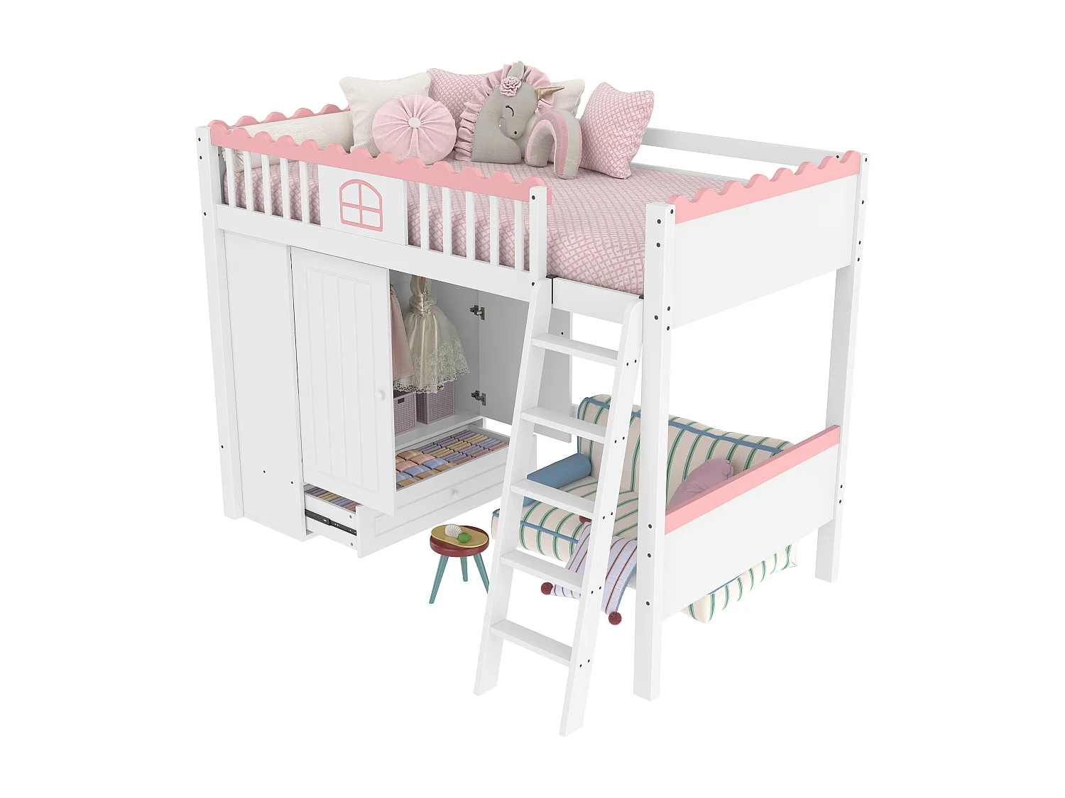 Cama infantil entreplanta de madera 90x200 con armario con cajón de almacenaje LED blanco