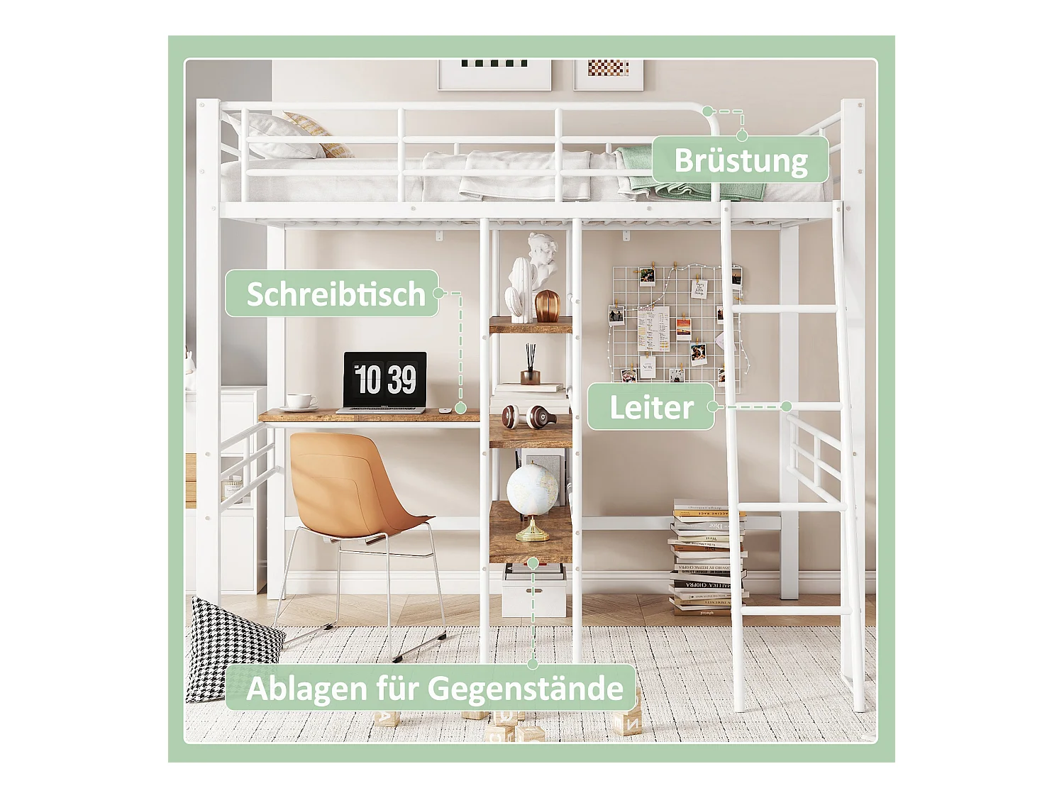 Soppalco illuminato 90x200 cm in metallo con scrittoio e tavolini per camera da letto bianca