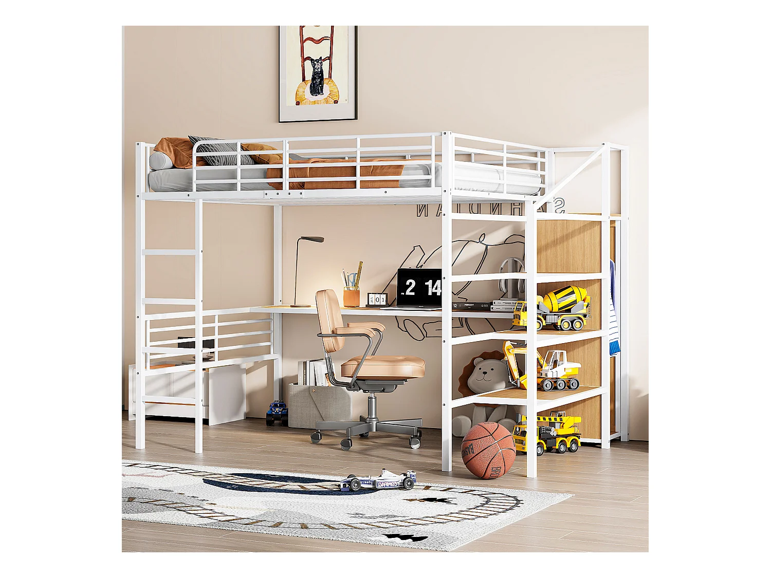 Cama mezanino de metal branco de 140x200 cm com escrivaninha integrada e prateleira aberta
