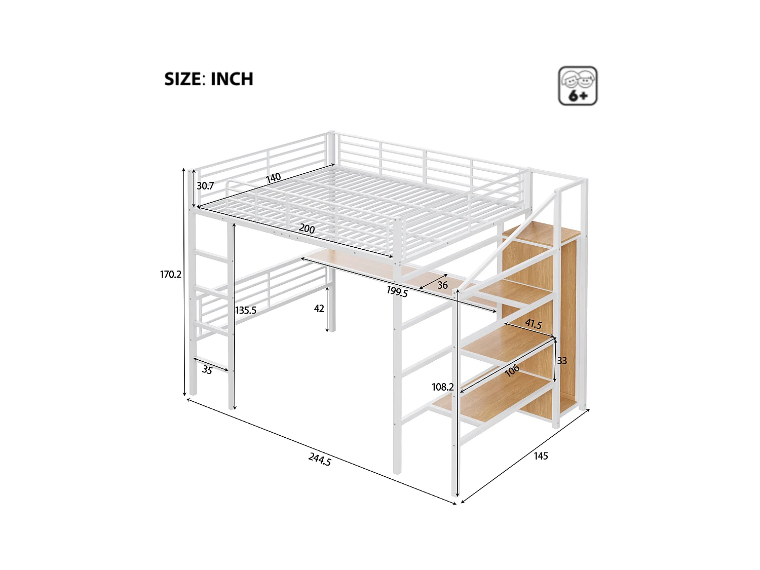 Cama mezanino de metal branco de 140x200 cm com escrivaninha integrada e prateleira aberta