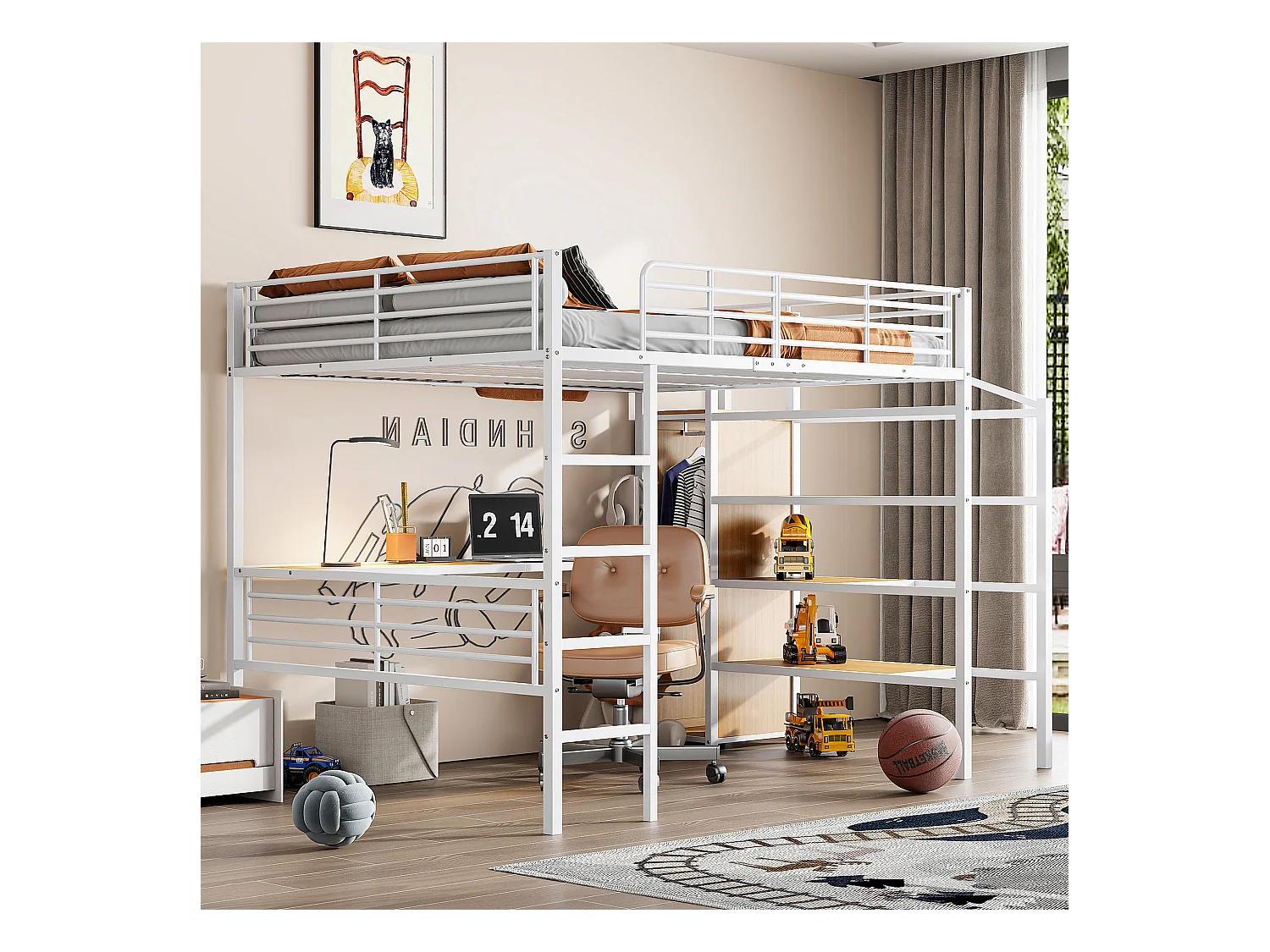 Cama mezanino de metal branco de 140x200 cm com escrivaninha integrada e prateleira aberta