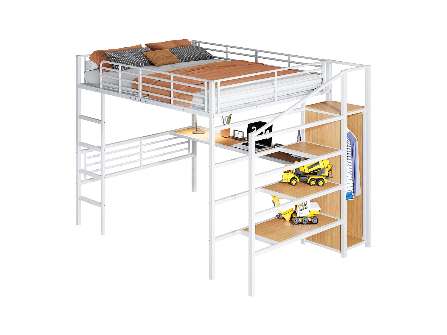 Cama mezanino de metal branco de 140x200 cm com escrivaninha integrada e prateleira aberta