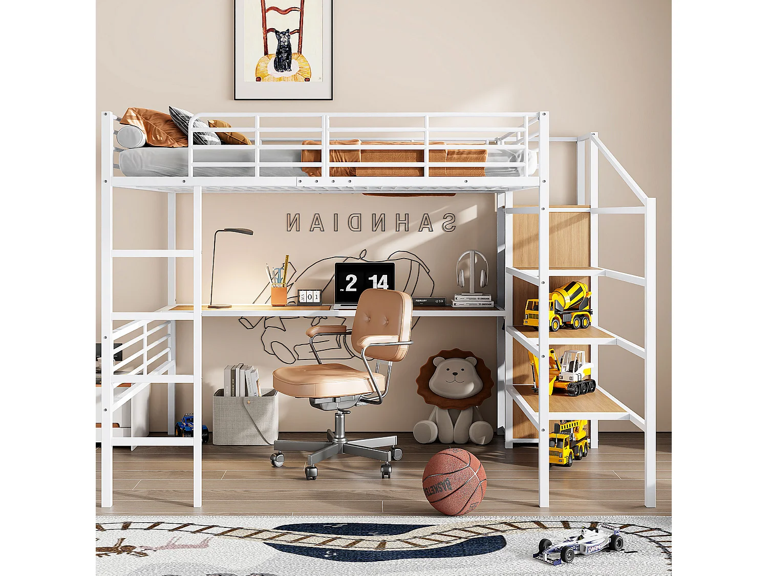 Cama mezanino de metal branco de 140x200 cm com escrivaninha integrada e prateleira aberta