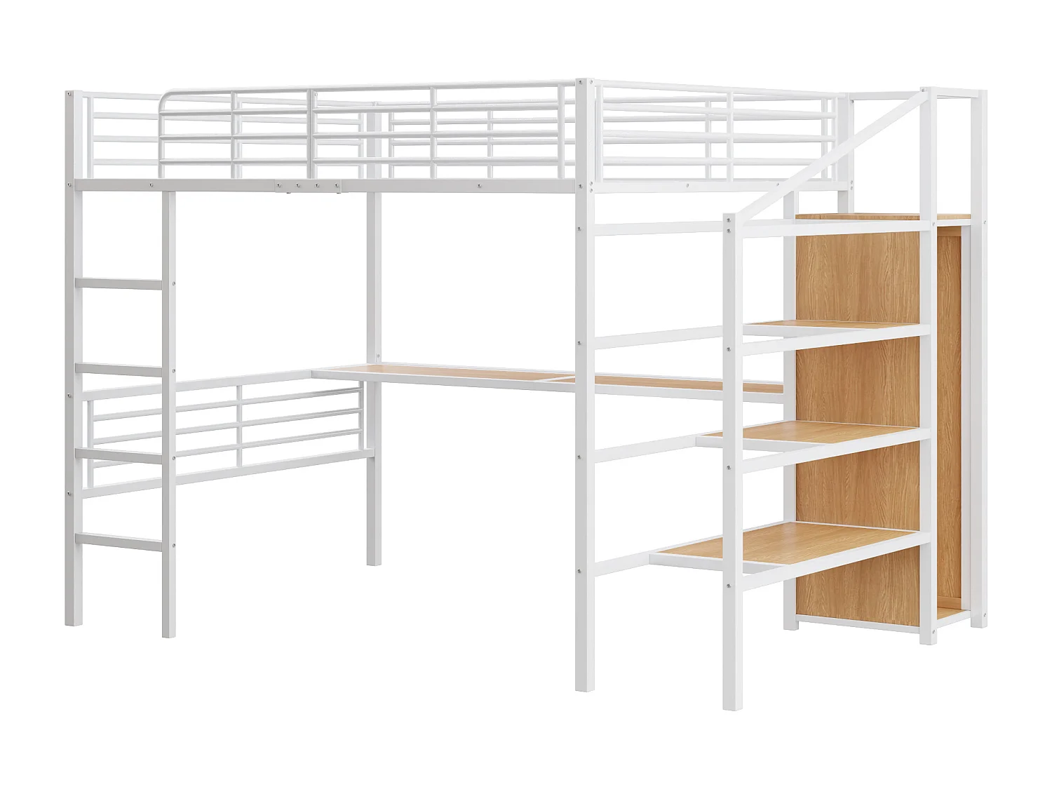 Cama mezanino de metal branco de 140x200 cm com escrivaninha integrada e prateleira aberta