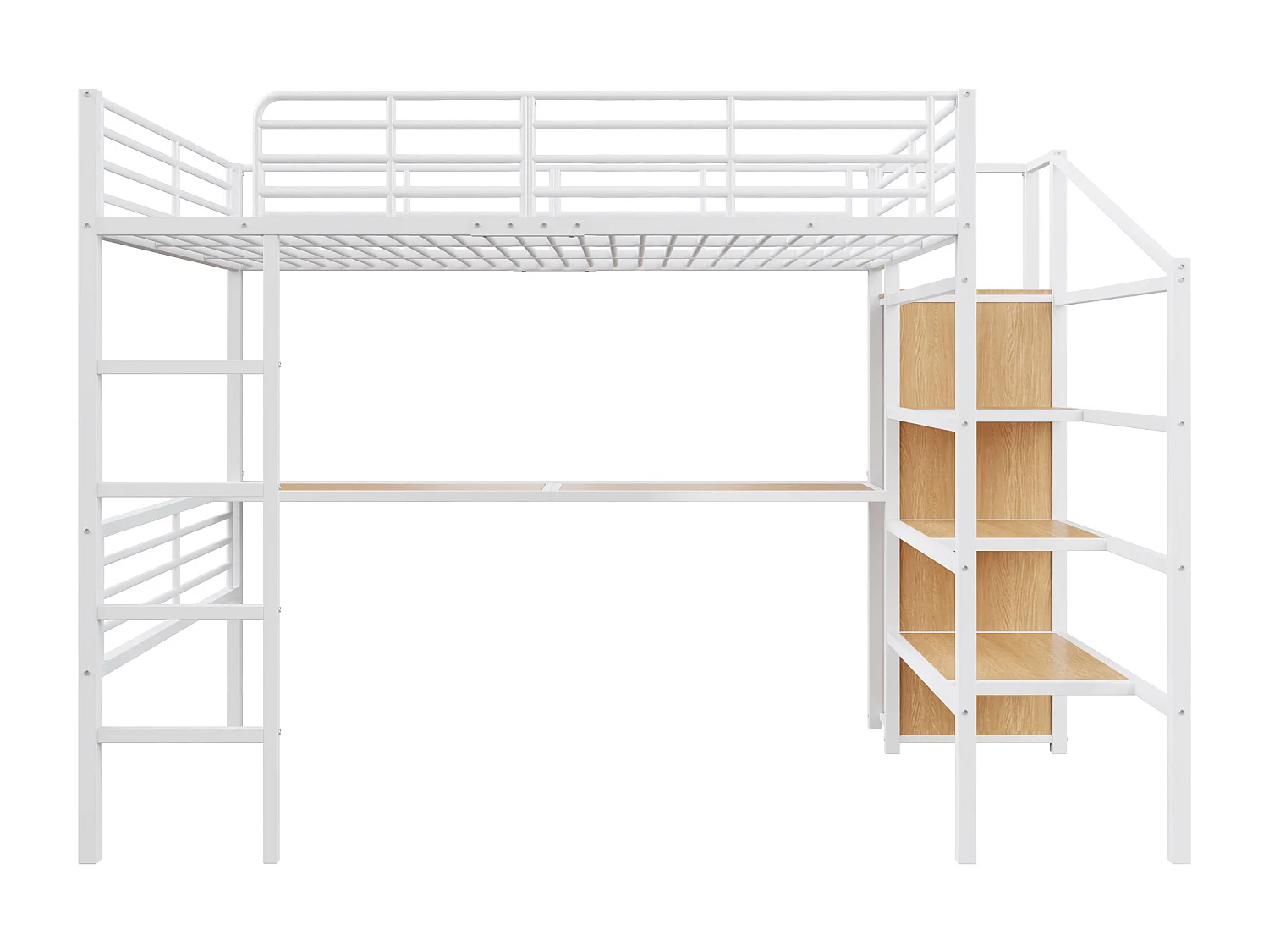 Cama mezanino de metal branco de 140x200 cm com escrivaninha integrada e prateleira aberta