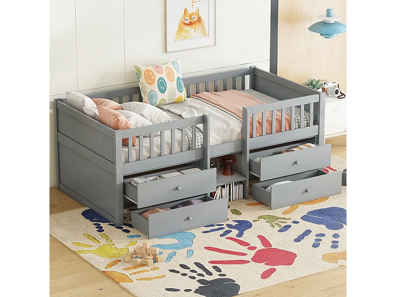 Cama mezanino infantil 90x200 cm madeira com 4 gavetas e guarda-corpo cinza