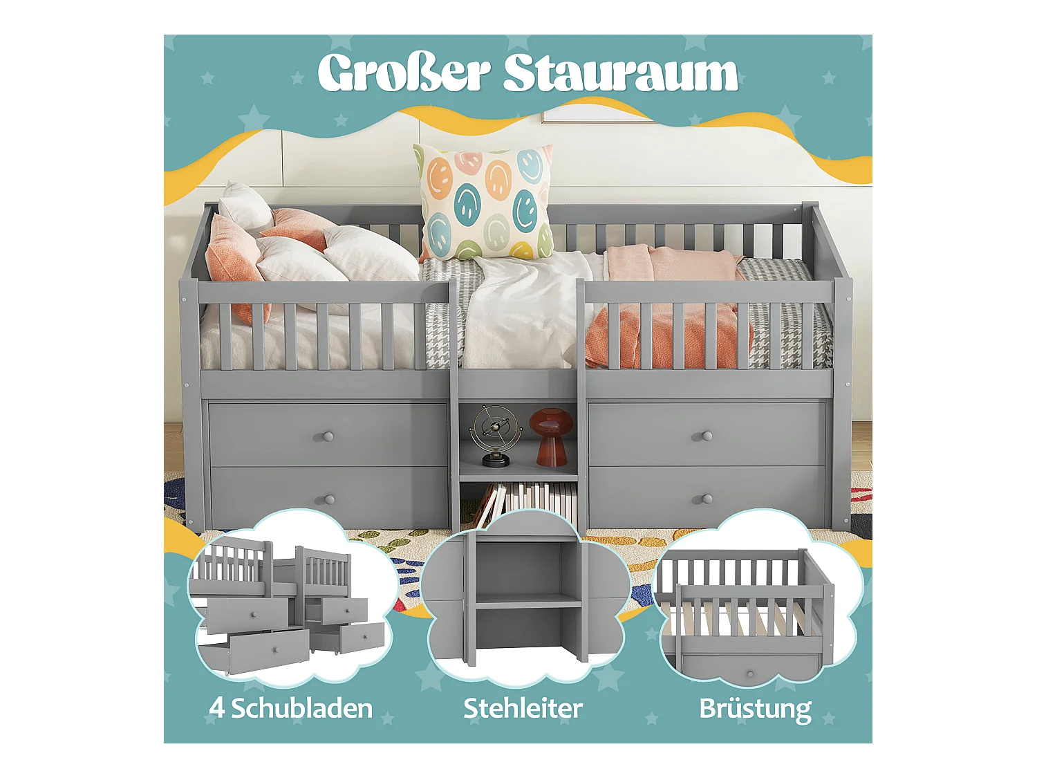 Soppalco illuminato per bambini 90x200 cm bois avec 4 tiroirs et garde-corps gris