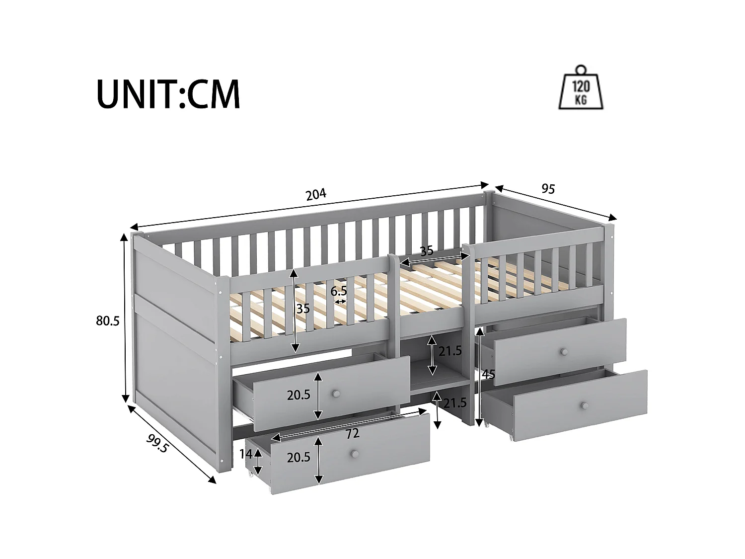 Soppalco illuminato per bambini 90x200 cm bois avec 4 tiroirs et garde-corps gris