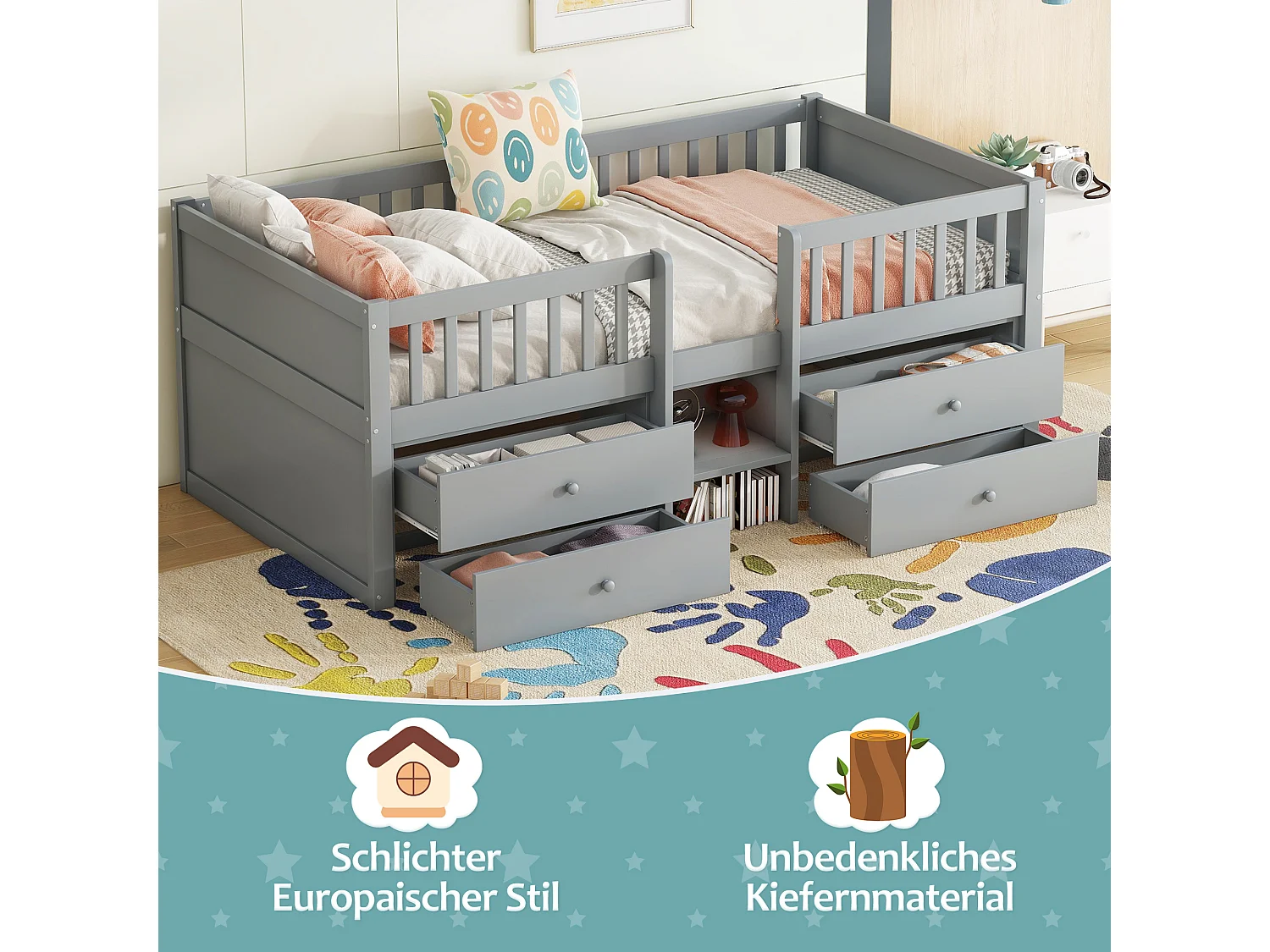 Soppalco illuminato per bambini 90x200 cm bois avec 4 tiroirs et garde-corps gris