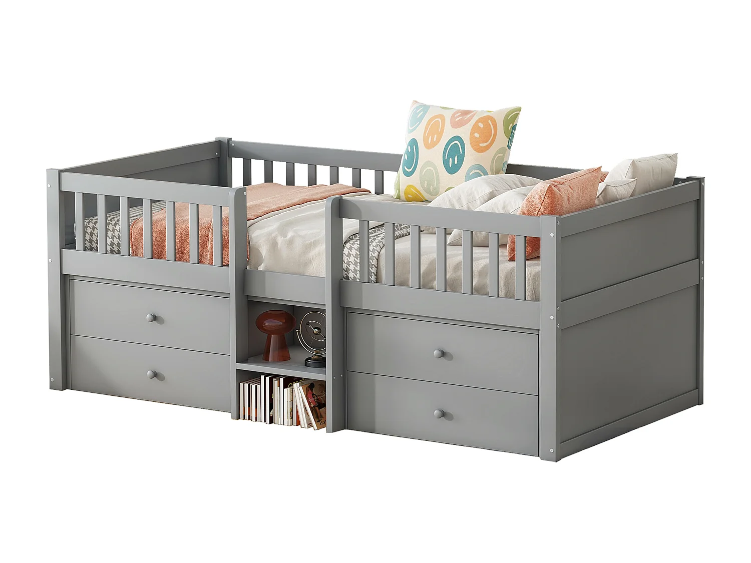 Soppalco illuminato per bambini 90x200 cm bois avec 4 tiroirs et garde-corps gris