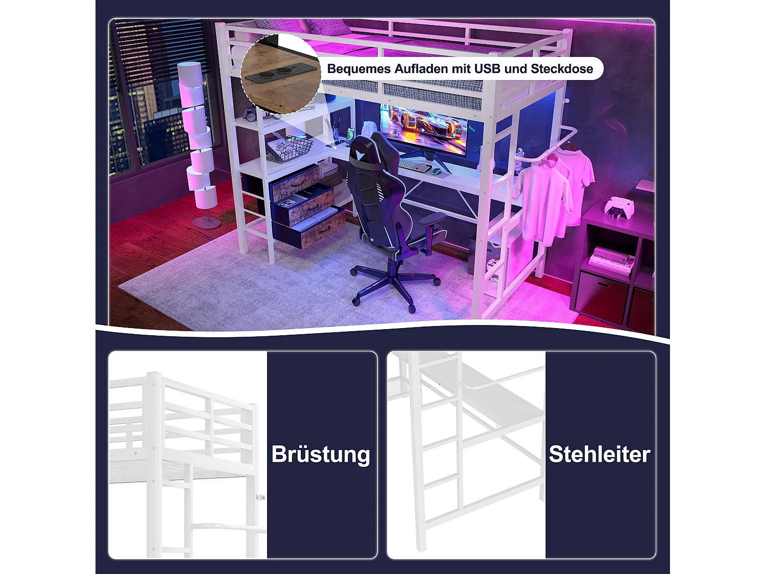 Soppalco illuminato in metallo 90x200 con scrivania LED 3 cassetti USB bambini/adolescenti bianco