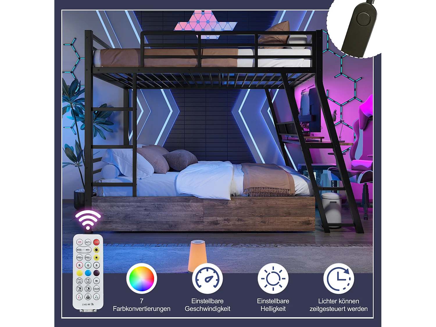 Cama alta de metal de 140x200 con escritorio LED y cajones para niños/adolescentes, color negro
