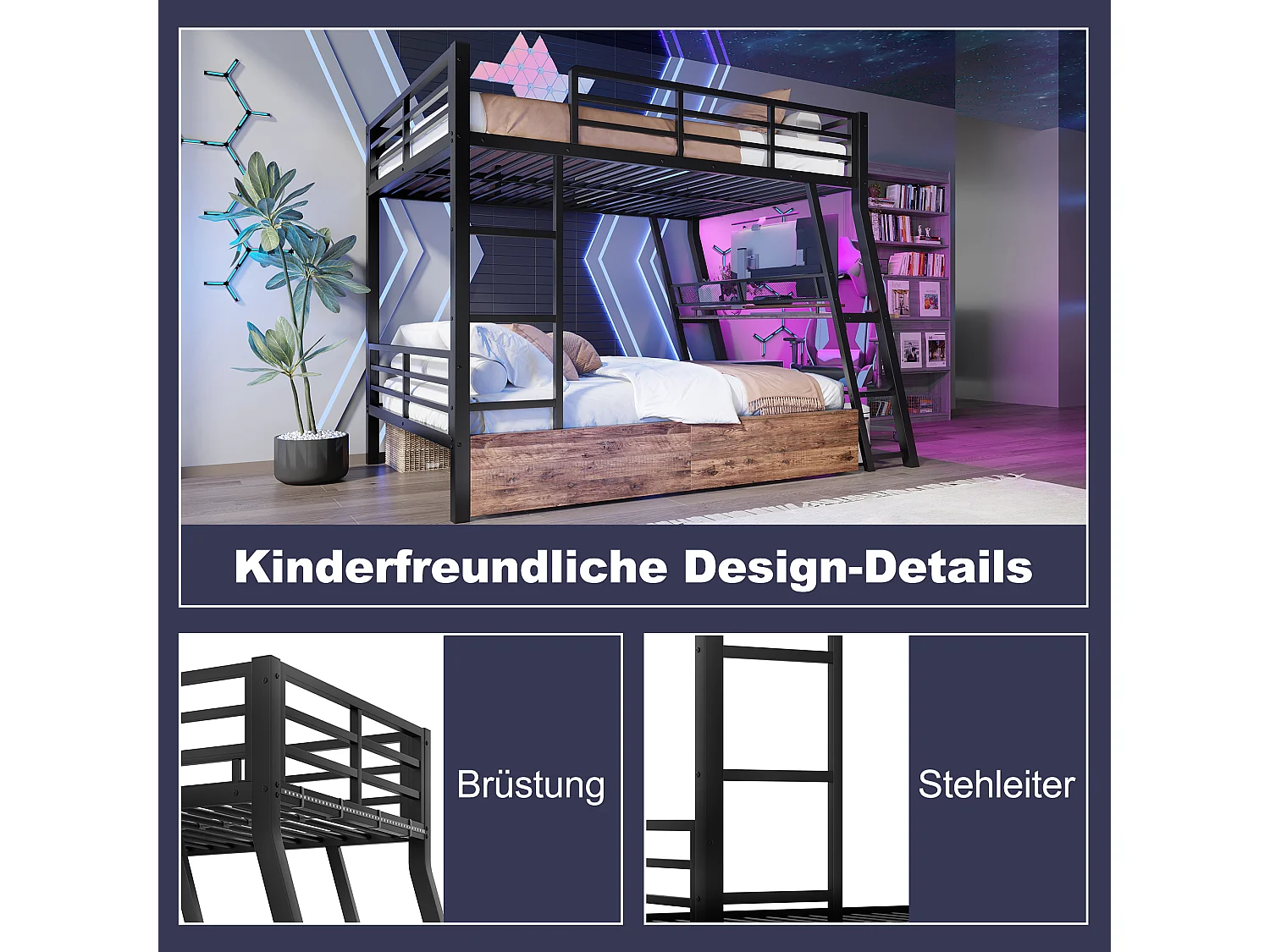 Cama alta de metal de 140x200 con escritorio LED y cajones para niños/adolescentes, color negro