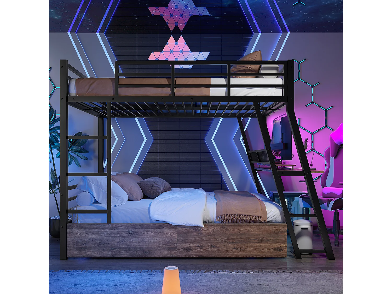 Cama alta de metal de 140x200 con escritorio LED y cajones para niños/adolescentes, color negro