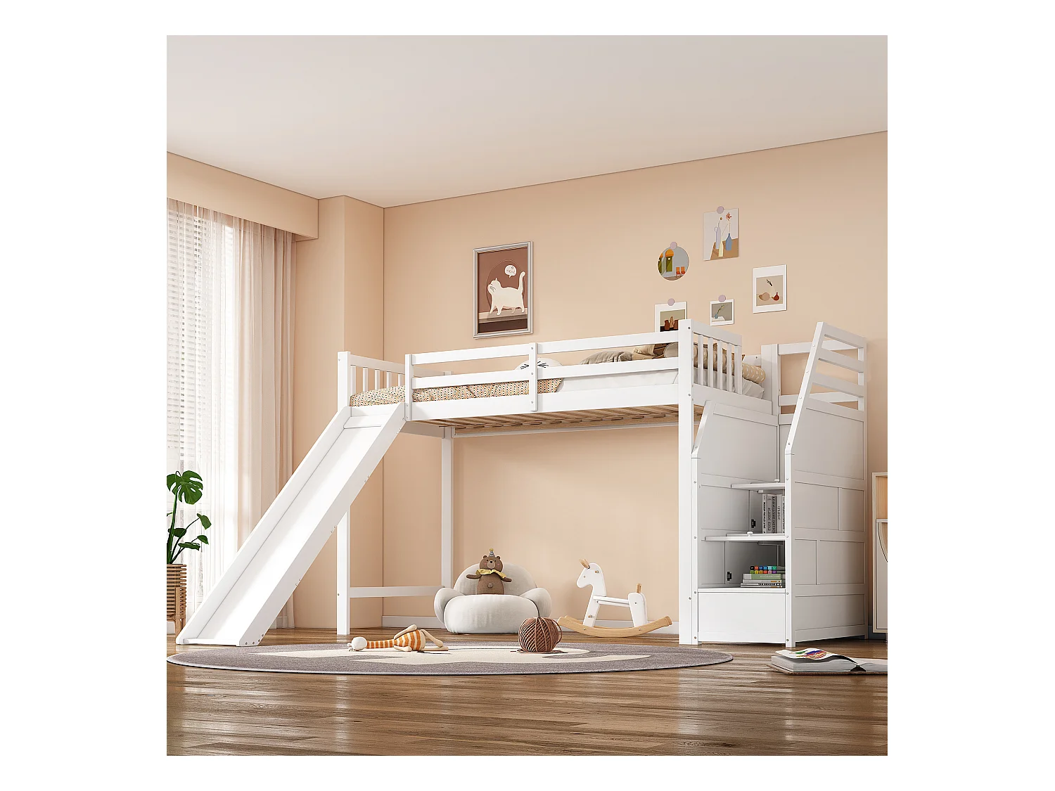 Cama mezanino infantil 90x200 madeira maciça com escorregador e escada de armazenamento branca