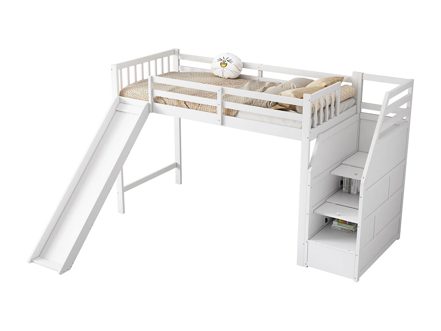 Cama mezanino infantil 90x200 madeira maciça com escorregador e escada de armazenamento branca