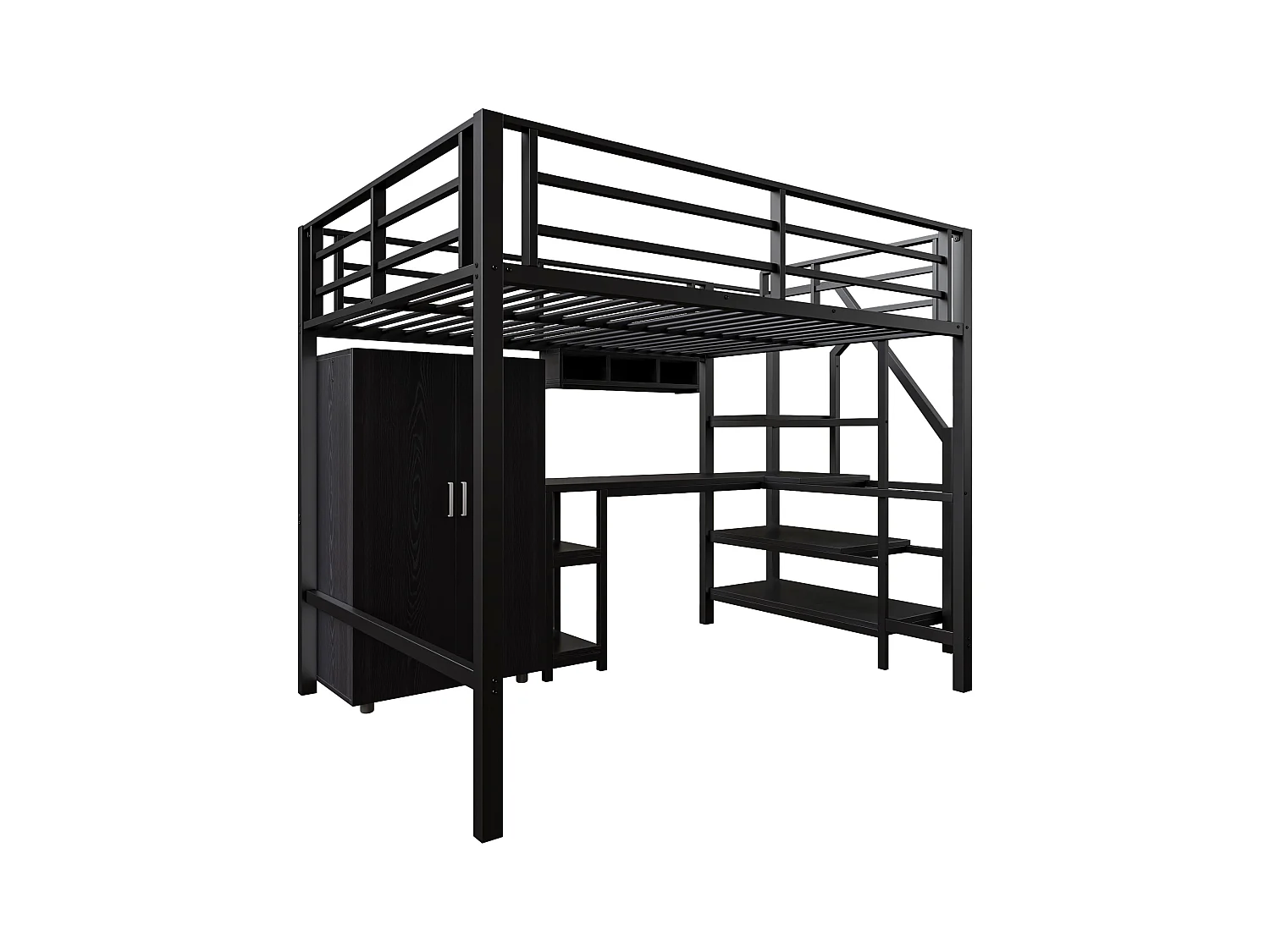 Soppalco illuminato per bambini 140x200 cm in metallo e MDF con scrivania, cassettiere e armadio nero senza matelas