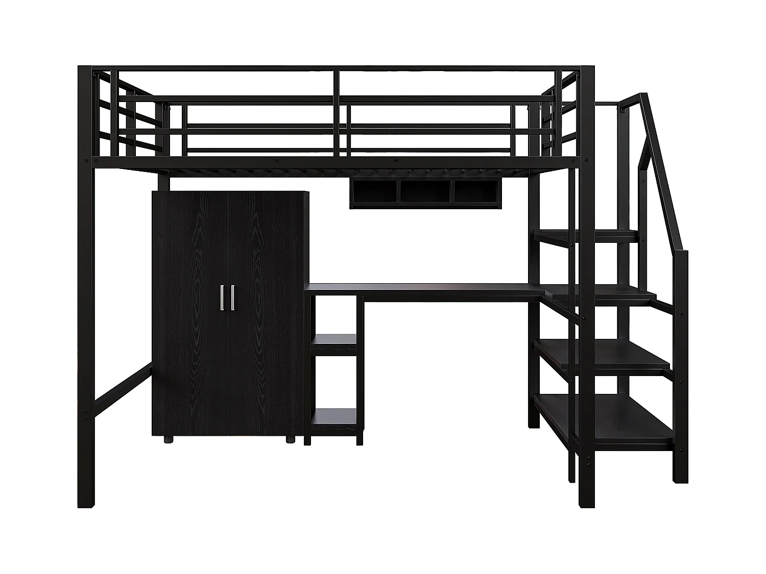 Soppalco illuminato per bambini 140x200 cm in metallo e MDF con scrivania, cassettiere e armadio nero senza matelas