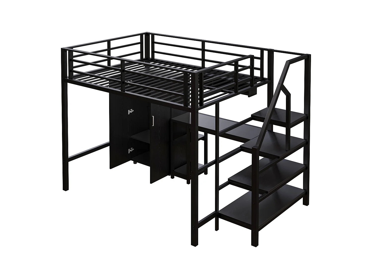 Soppalco illuminato per bambini 140x200 cm in metallo e MDF con scrivania, cassettiere e armadio nero senza matelas