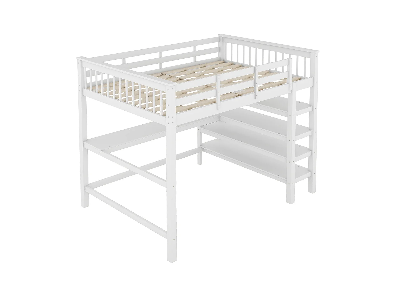 Soppalco illuminato per bambini 140x200 legno MDF con scrivania e tavolini bianchi