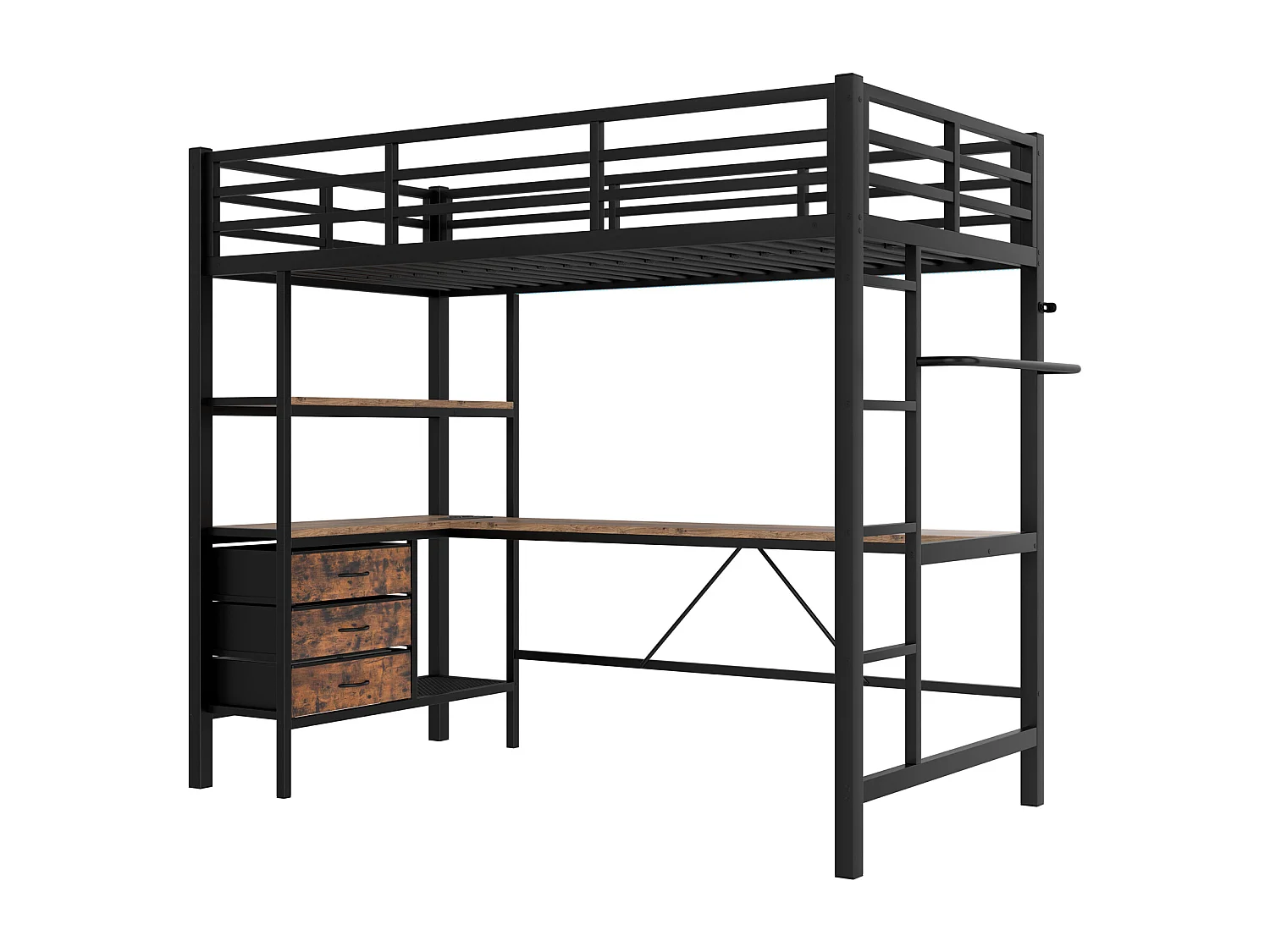 Soppalco illuminato in metallo 90x200 con scrivania LED 3 cassetti USB bambini/adolescenti noir