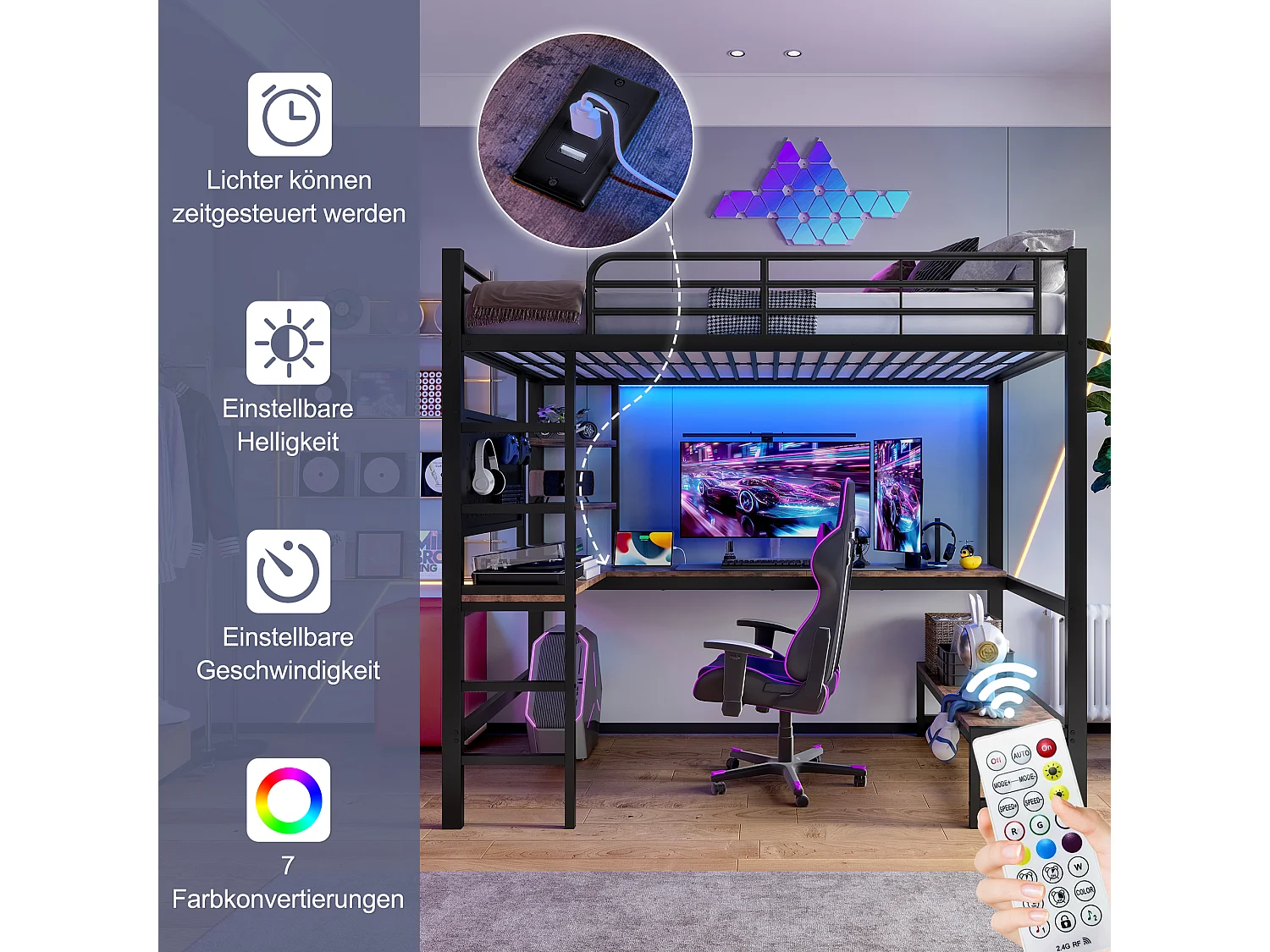 Cama alta de metal de 90x200 cm con escritorio, almacenaje, luces LED, tomas USB y escalera negra.