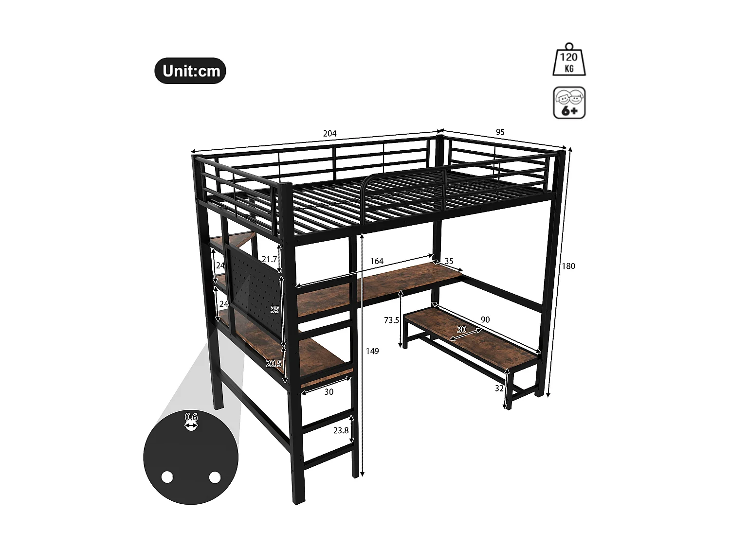 Cama alta de metal de 90x200 cm con escritorio, almacenaje, luces LED, tomas USB y escalera negra.