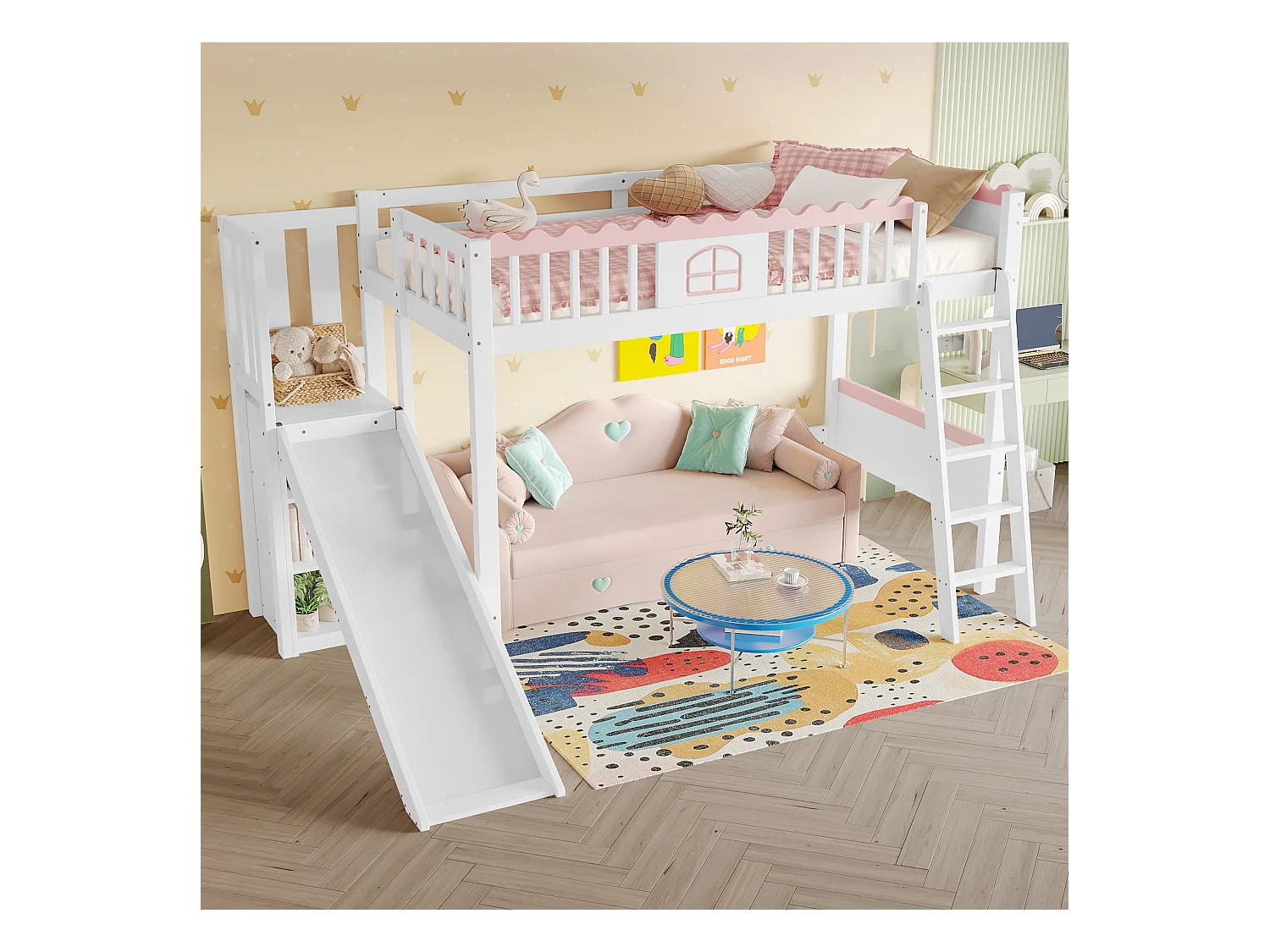 Cama infantil mezanino 90x200 em madeira com prateleiras de LED e escorregador em branco