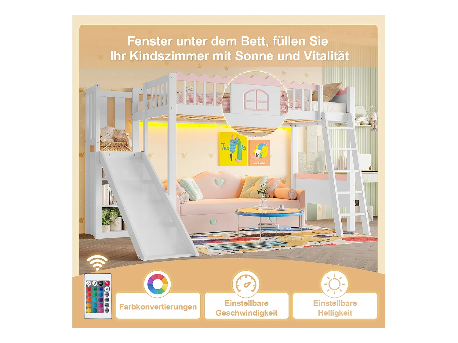 Cama infantil mezanino 90x200 em madeira com prateleiras de LED e escorregador em branco