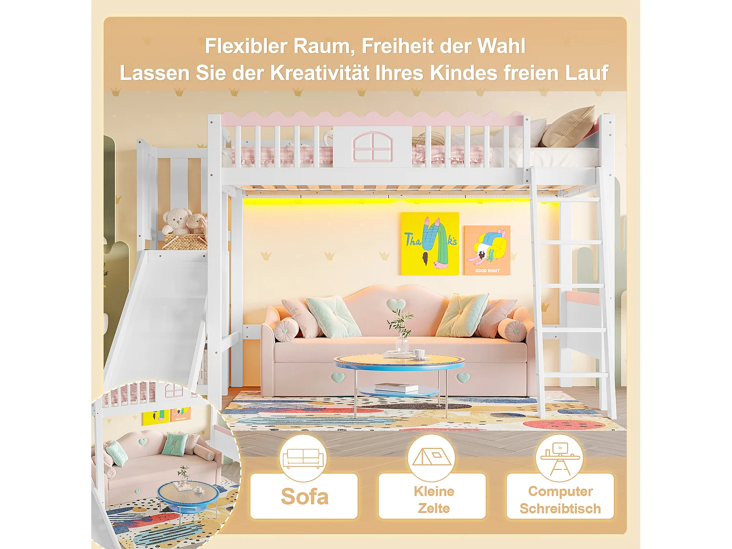 Lit enfant mezzanine 90x200 en bois avec LED étagères toboggan blanc