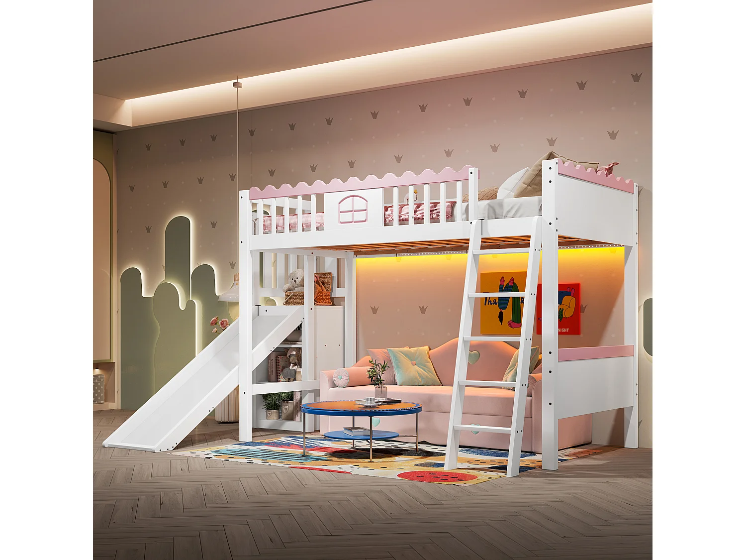 Lit enfant mezzanine 90x200 en bois avec LED étagères toboggan blanc