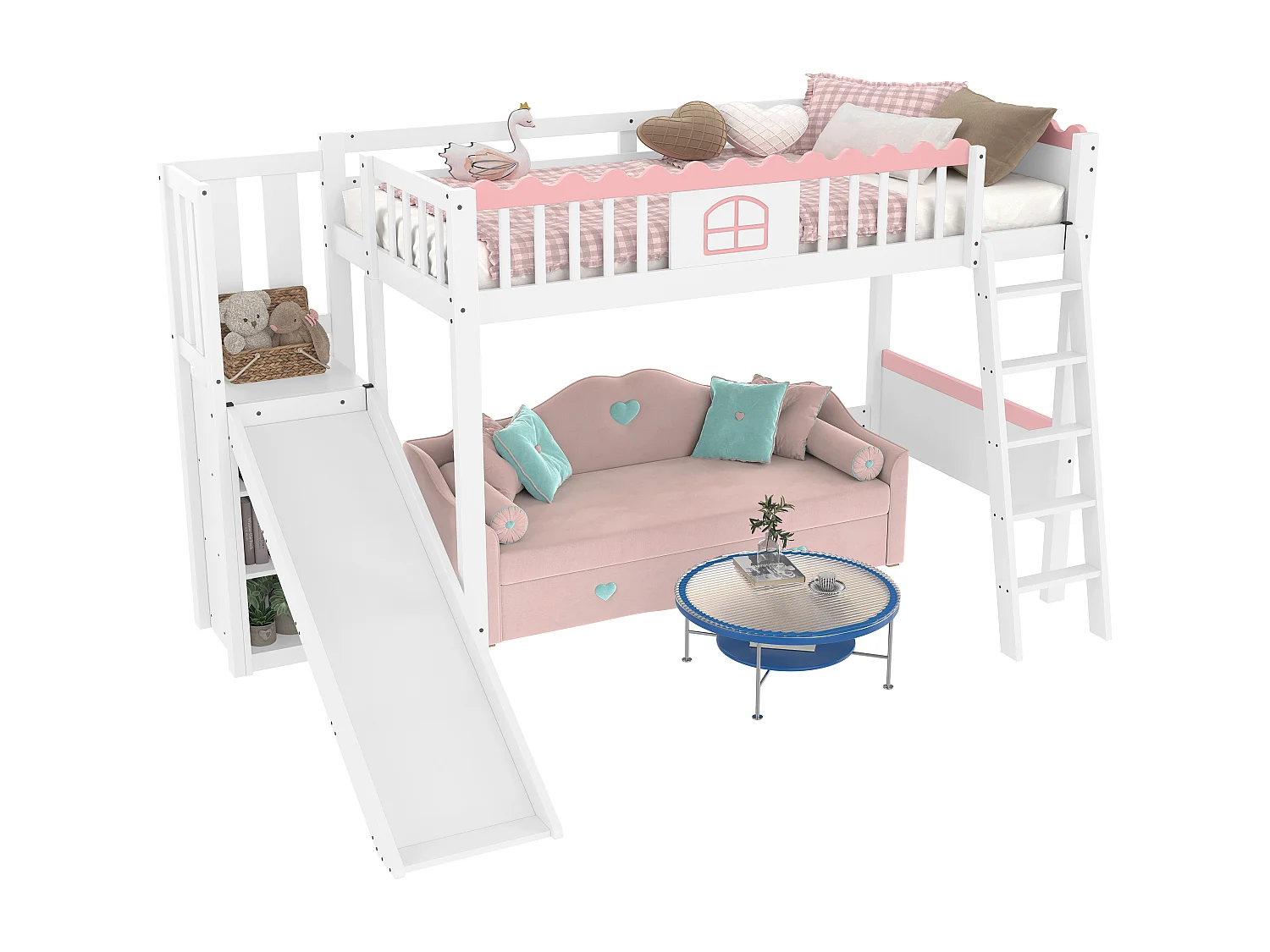 Lit enfant mezzanine 90x200 en bois avec LED étagères toboggan blanc