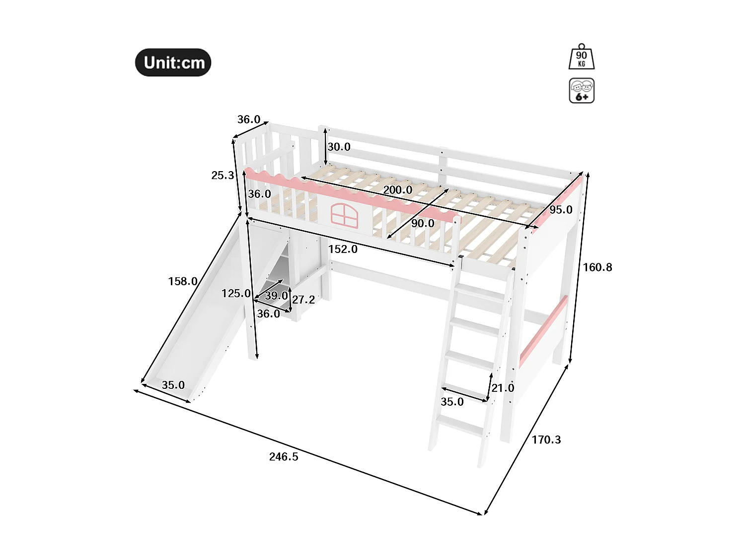 Lit enfant mezzanine 90x200 en bois avec LED étagères toboggan blanc