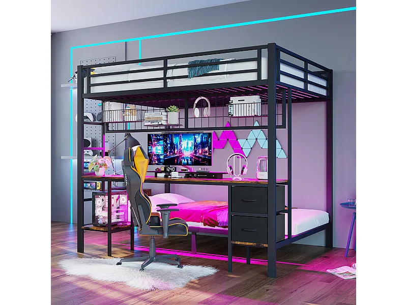 Cama alta infantil 90x200 y 140x200 cm de metal con escritorio, almacenaje, LED 7 colores y USB negro