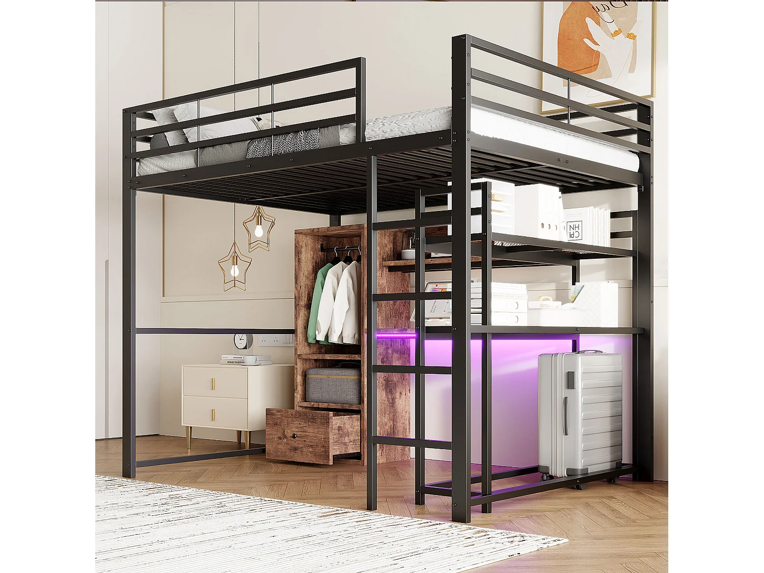 Cama alta de metal de 140x200 cm con escritorio, almacenaje, LED y escalera de diseño negra.