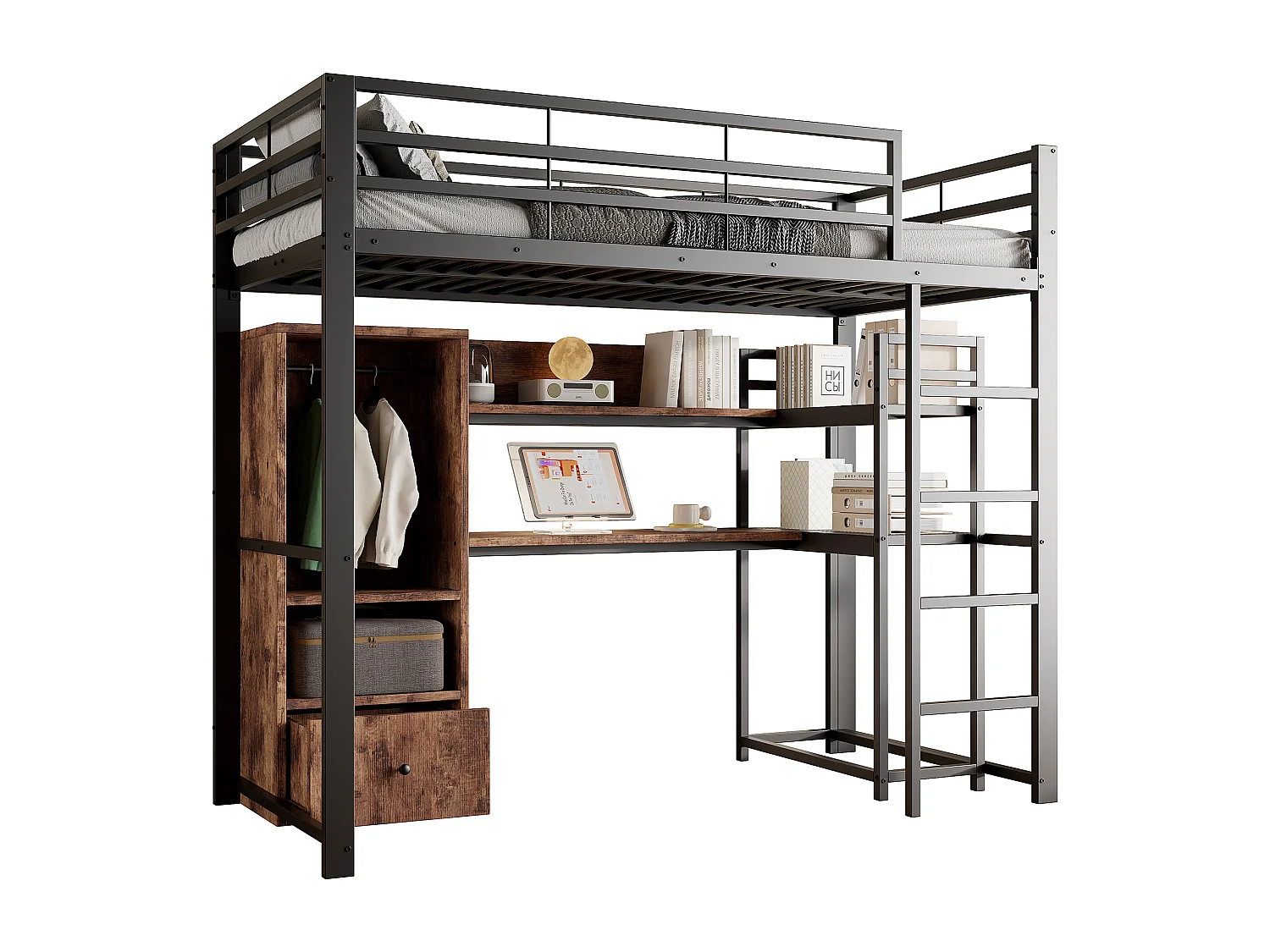 Cama alta de metal de 140x200 cm con escritorio, almacenaje, LED y escalera de diseño negra.