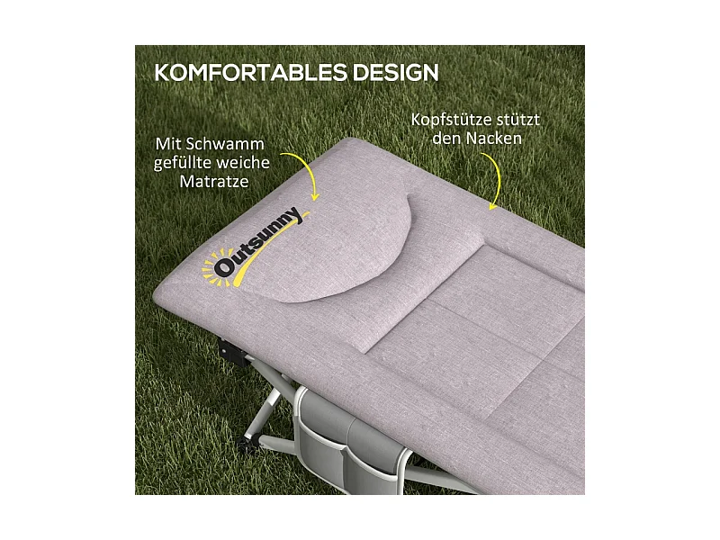 Cama de acampamento dobrável de poliéster com bolsa de transporte 200x65x42cm cinza, resistente até 200kg