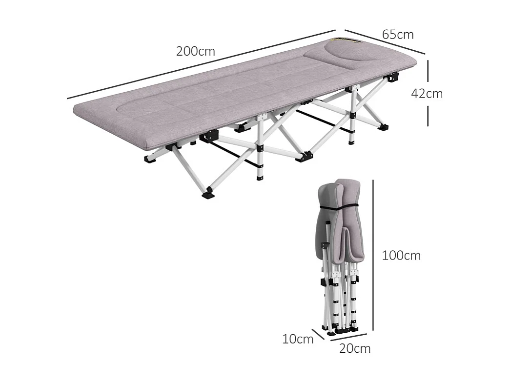 Cama de acampamento dobrável de poliéster com bolsa de transporte 200x65x42cm cinza, resistente até 200kg