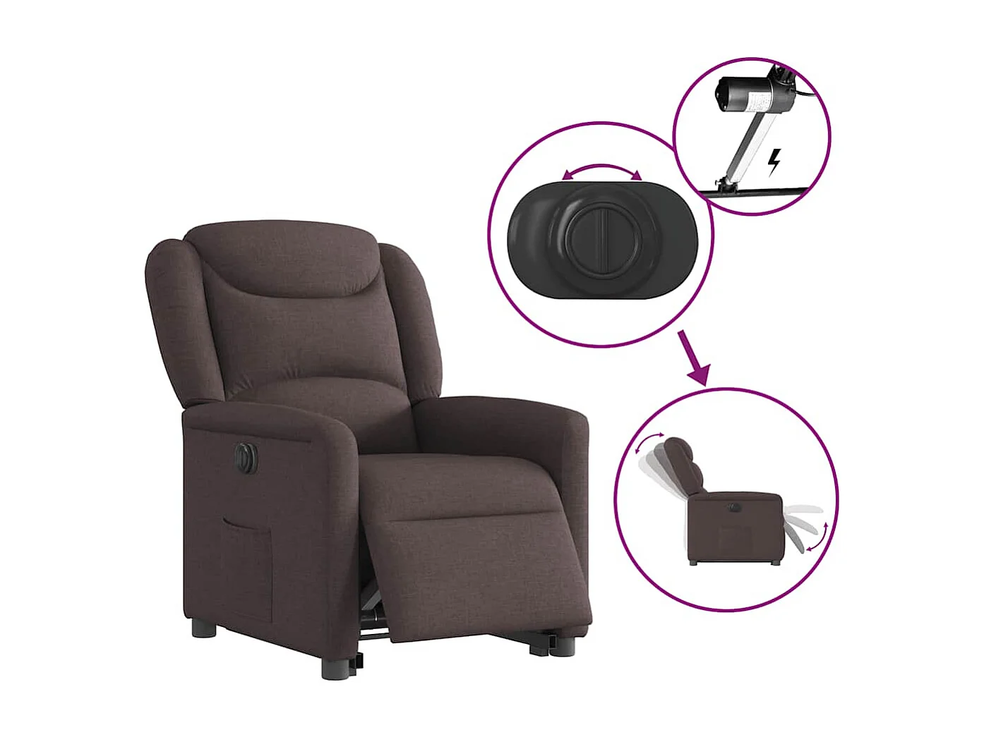 Silla de relax | Sillón eléctrico reclinable elevable de tela marrón oscuro SHL3398