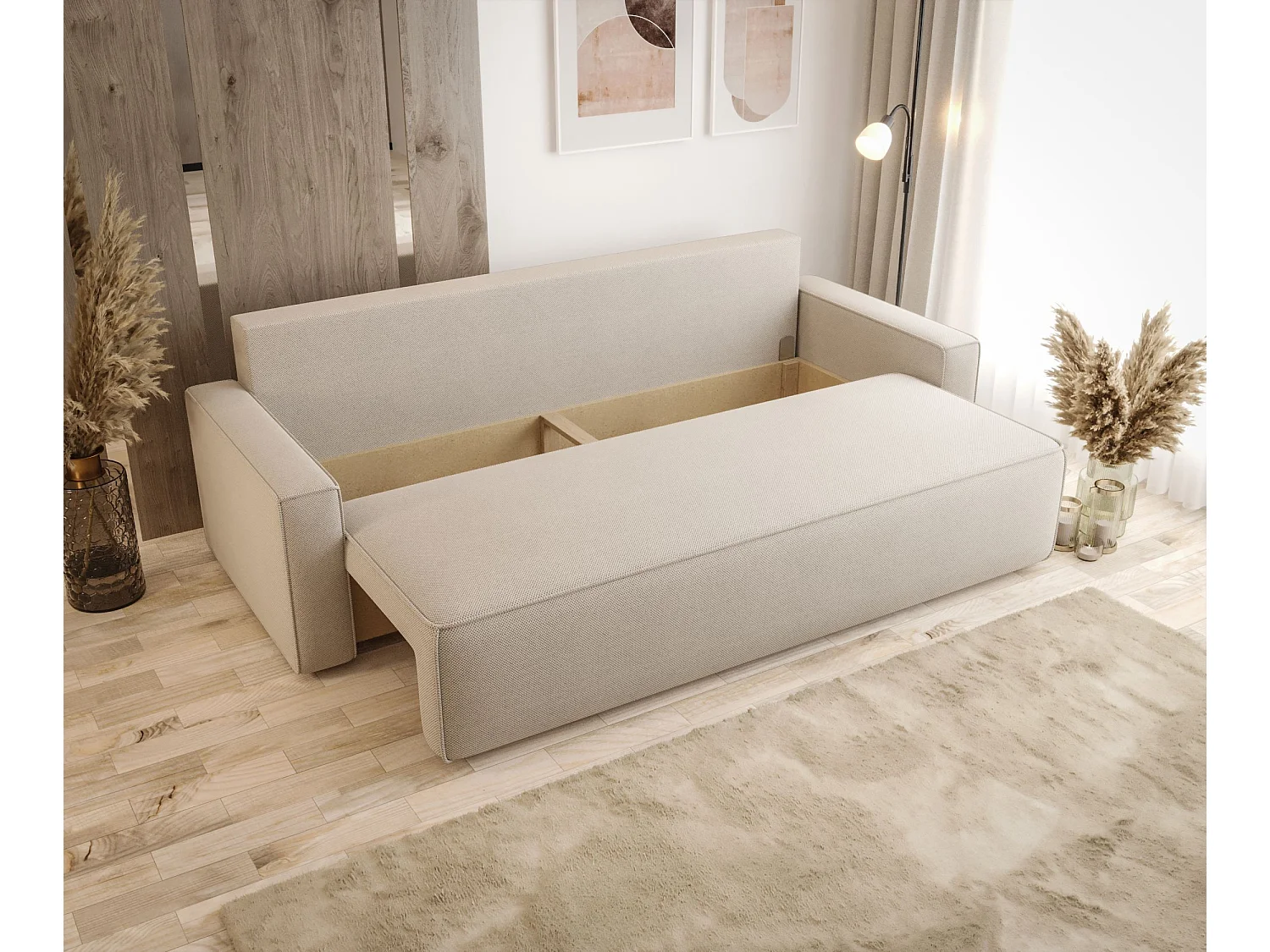 Sofa SAVIO Curio 02 kremowy z pojemnikiem na pościel sofa do salonu, sofa rozkładana, sofa z pojemnikiem