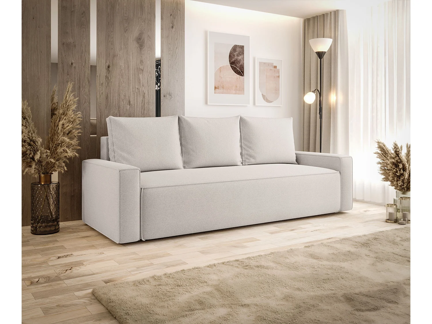 Sofa SAVIO Curio 02 kremowy z pojemnikiem na pościel sofa do salonu, sofa rozkładana, sofa z pojemnikiem