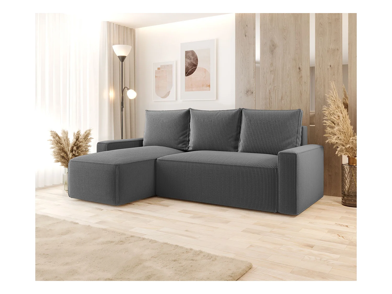 Narożnik z funkcją spania SAVIO Poso 60 szary lewy sofa w kształcie L z pojemnikiem na pościel sofa do salonu, sofa rozkładana, sofa z pojemnikiem