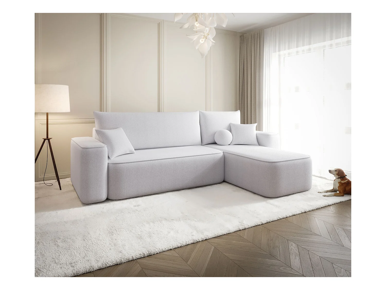 NAROŻNIK SENNO z funkcją spania Curio 80 Jasnoszary Prawy Sofa w kształcie L z pojemnikiem na pościel, sofa rozkładana, sofa do salonu