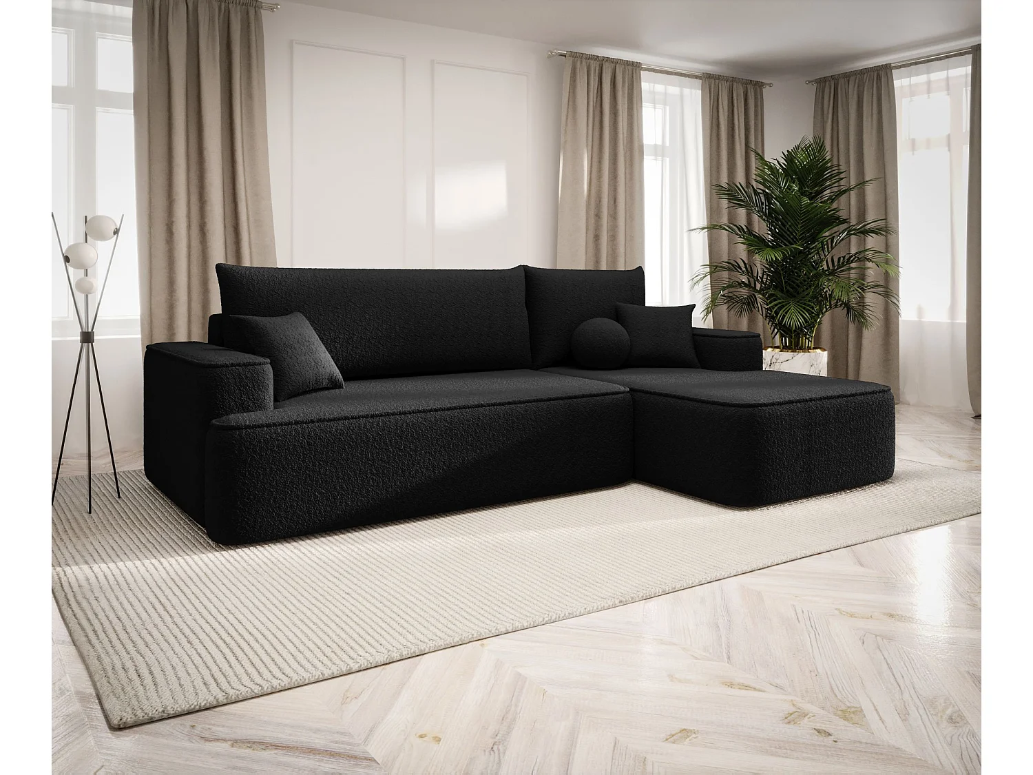 NAROŻNIK FIGO z funkcją spania Quelle 100 Czarny Prawy Sofa w kształcie L z pojemnikiem na pościel, sofa rozkładana, sofa do salonu