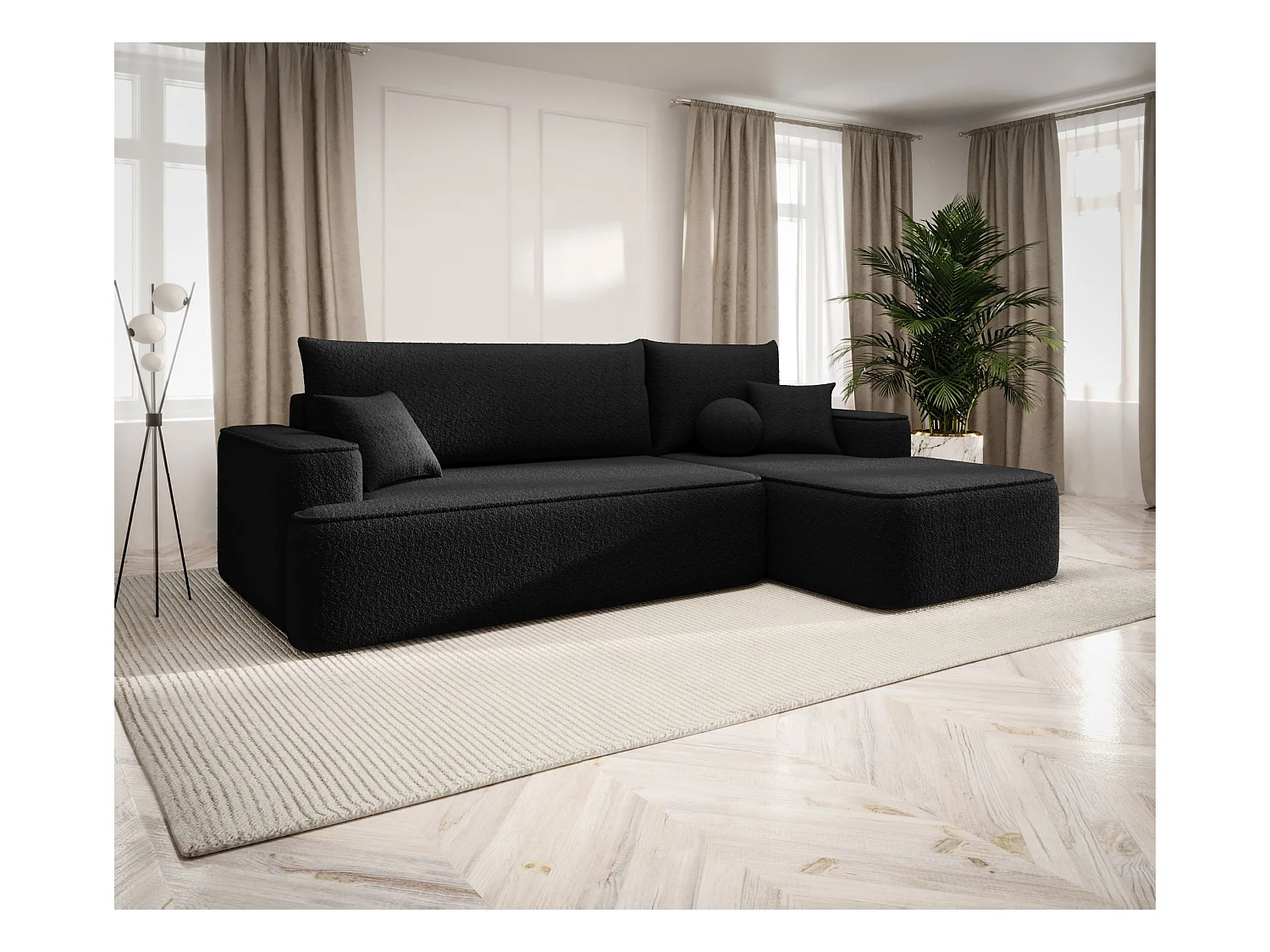 NAROŻNIK FIGO z funkcją spania Quelle 100 Czarny Prawy Sofa w kształcie L z pojemnikiem na pościel, sofa rozkładana, sofa do salonu
