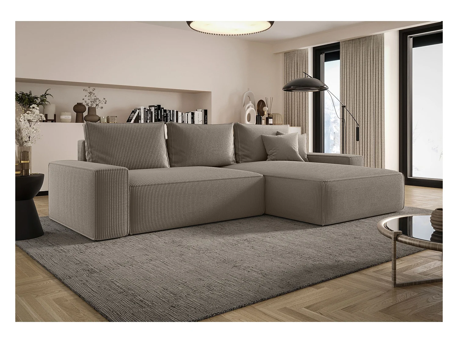 Hoekbank MONA met slaapfunctie POSO 03 lichtbruin rechts L-vormige bank met opbergruimte woonkamerbank slaapbank